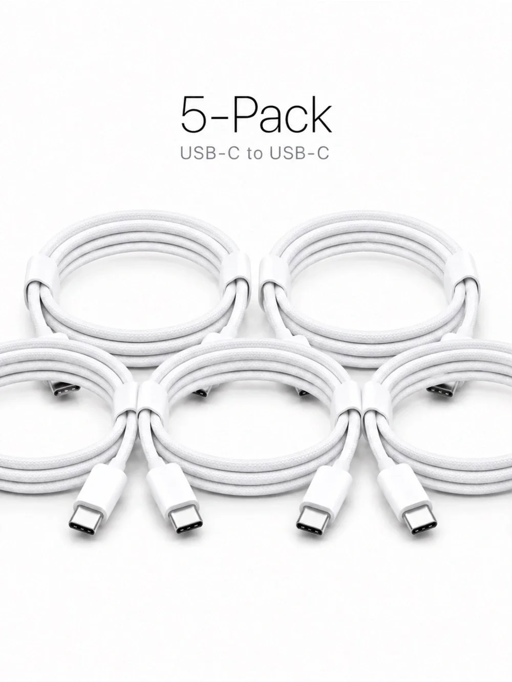5-Pack Braided USB-C to USB-C 60W Fast Charging Cables 3.3FT White